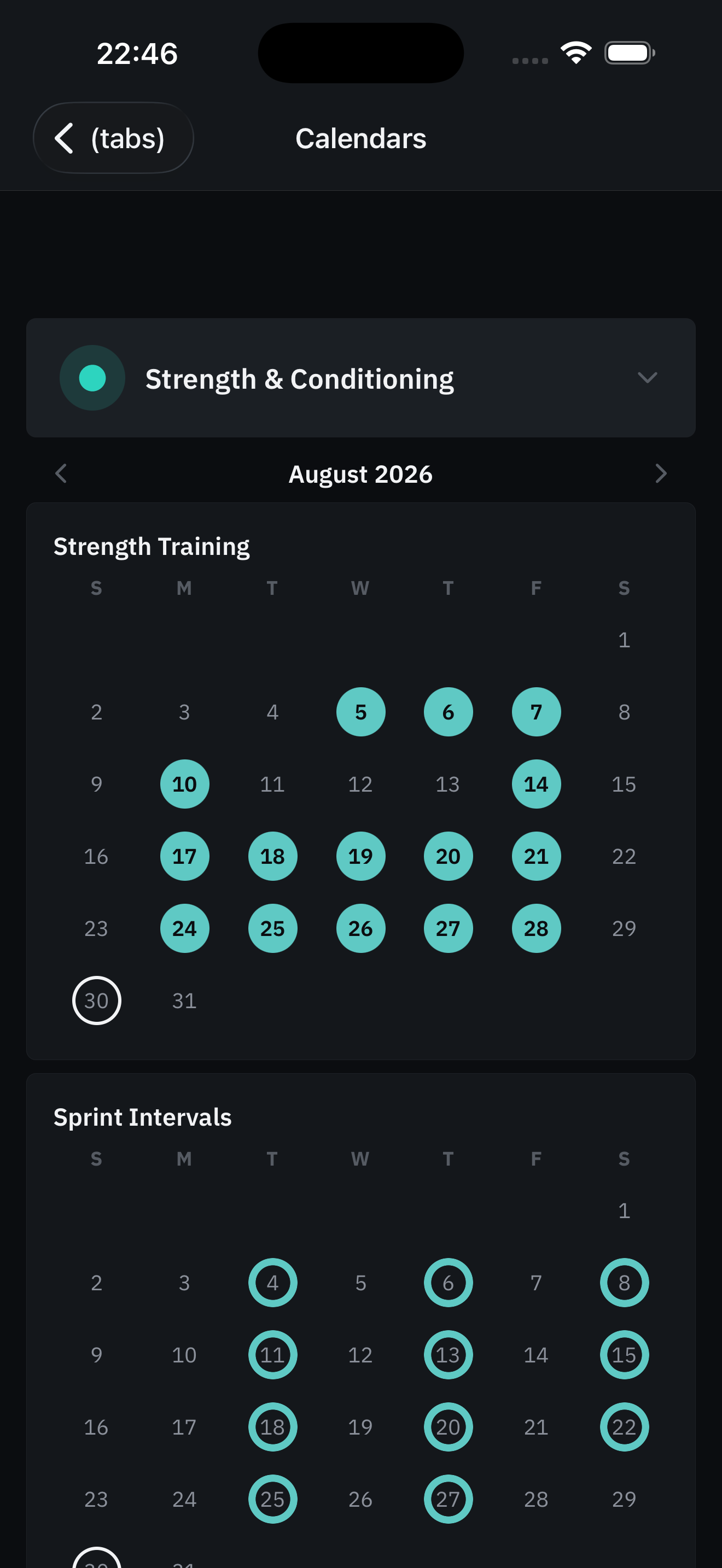 Trabbit's Calendars screen, showing a month of habit completion history at a glance.