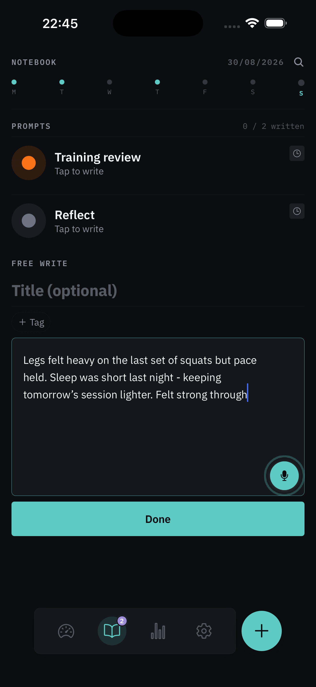 Trabbit's Notebook screen, showing a written training entry with the dictation microphone actively listening.