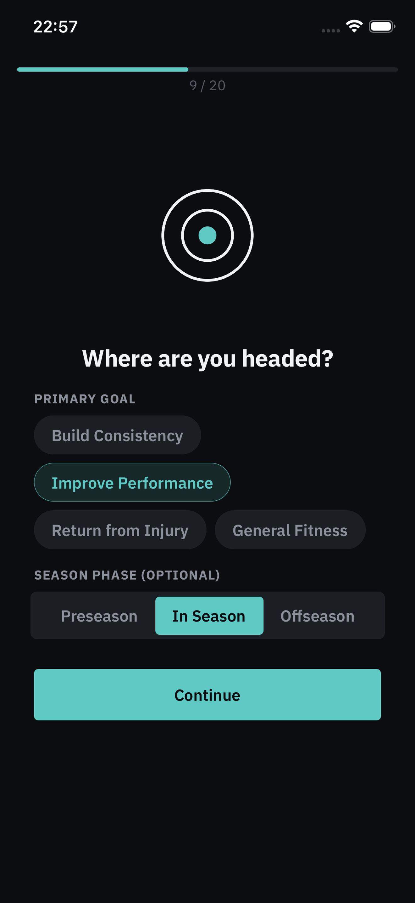 Trabbit's onboarding screen, where a new user picks their current season phase, sport, and goal.