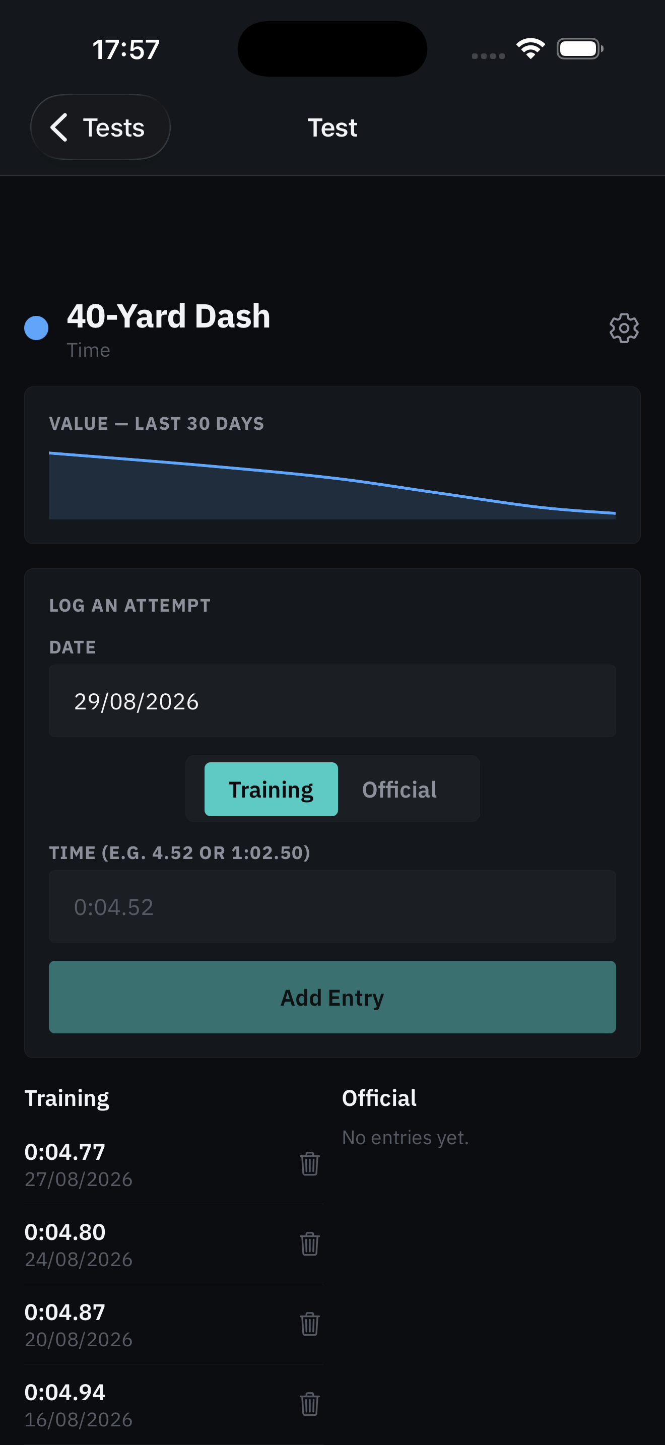 Trabbit's Test detail screen for a 40-Yard Dash, showing a trend sparkline and a training log of past attempts getting faster.