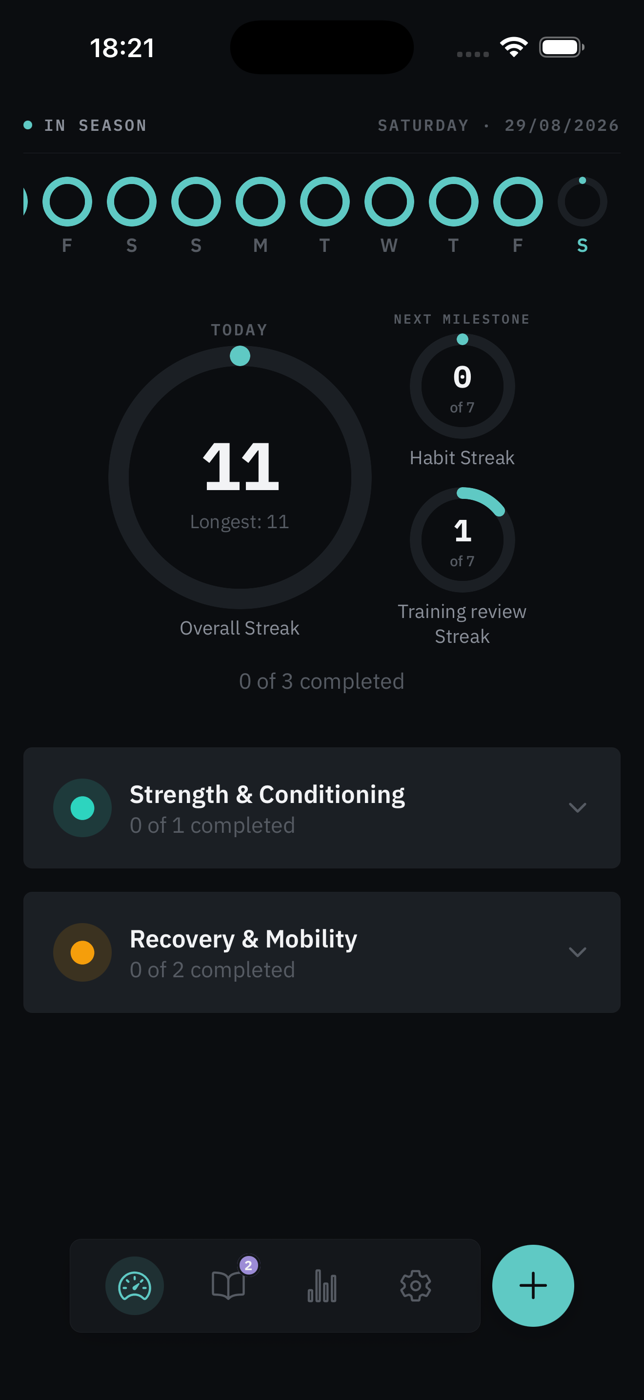 Trabbit's Today screen, showing an overall streak ring, progress toward the next milestone, and Strength & Conditioning and Recovery & Mobility categories.